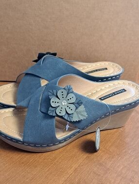Good Chic Slate Blue Wedge Mules with Floral Accent
